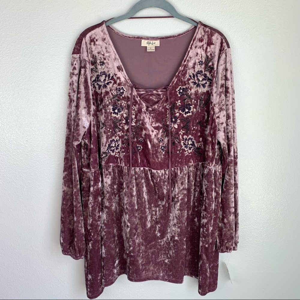 Style & Co | Crushed Velvet Peasant Empire Waist Tunic Top - Picture 2 of 6